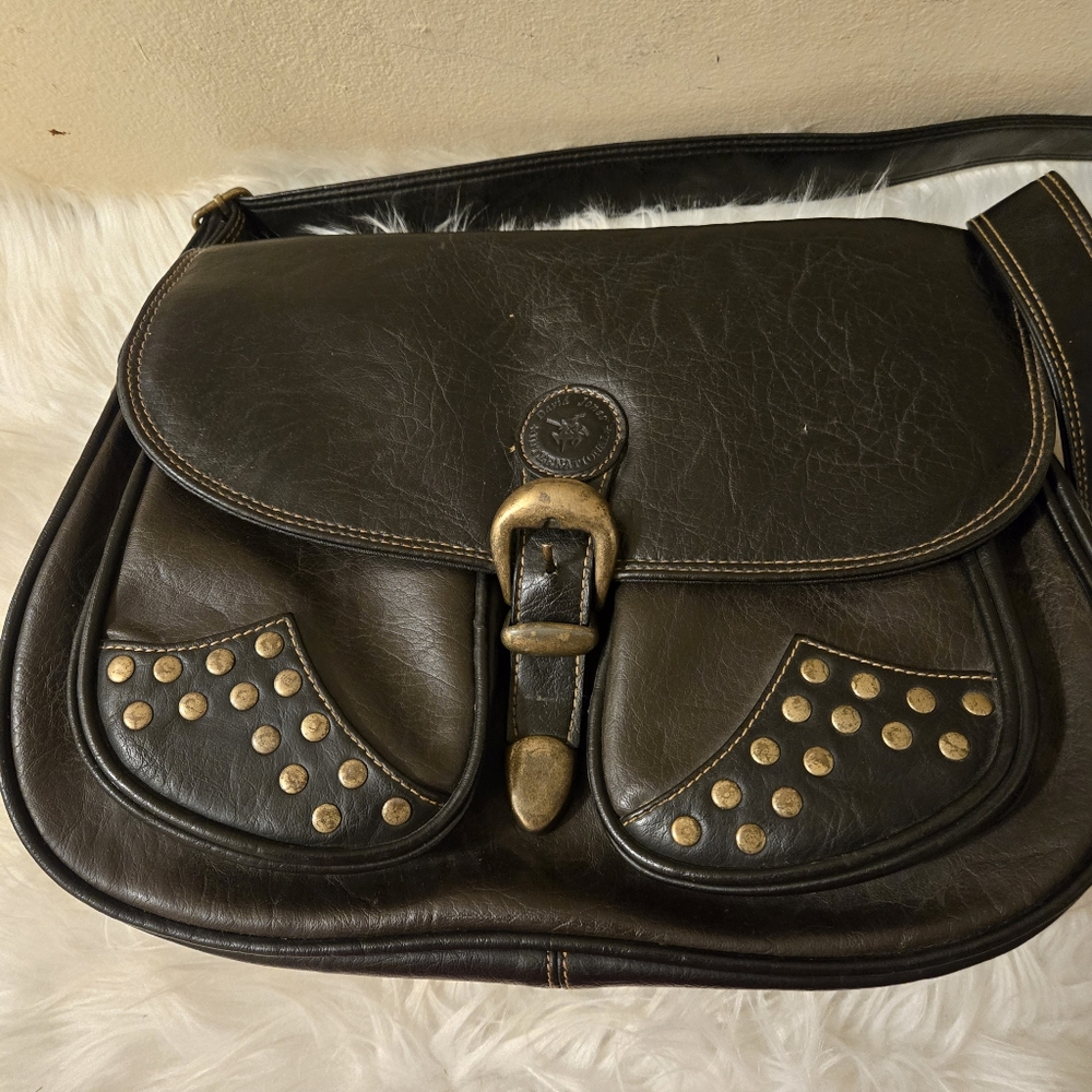 Rare David Jones Black Leather Studded Handbag with Pockets and adjust Strap